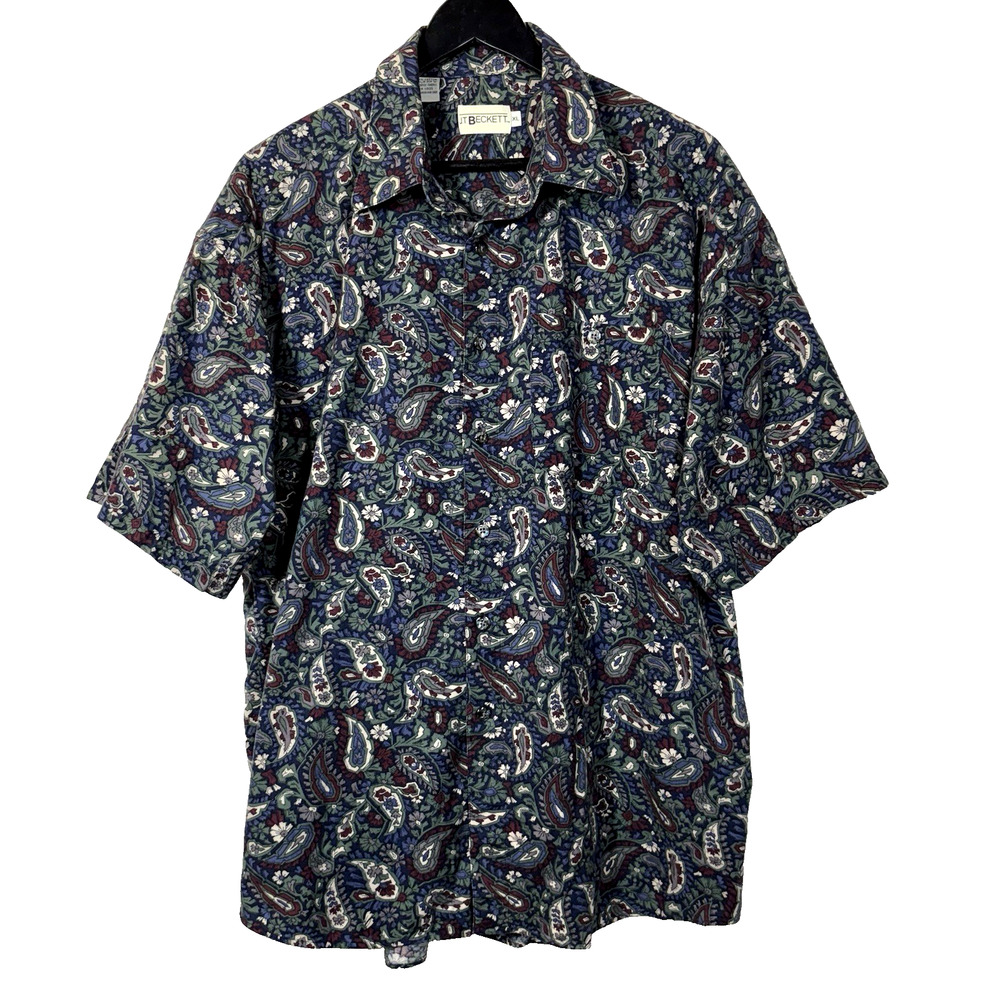 JT Beckett Multicolor Paisley Design Short Sleeve Button Up Shirt Mens XL Cotton